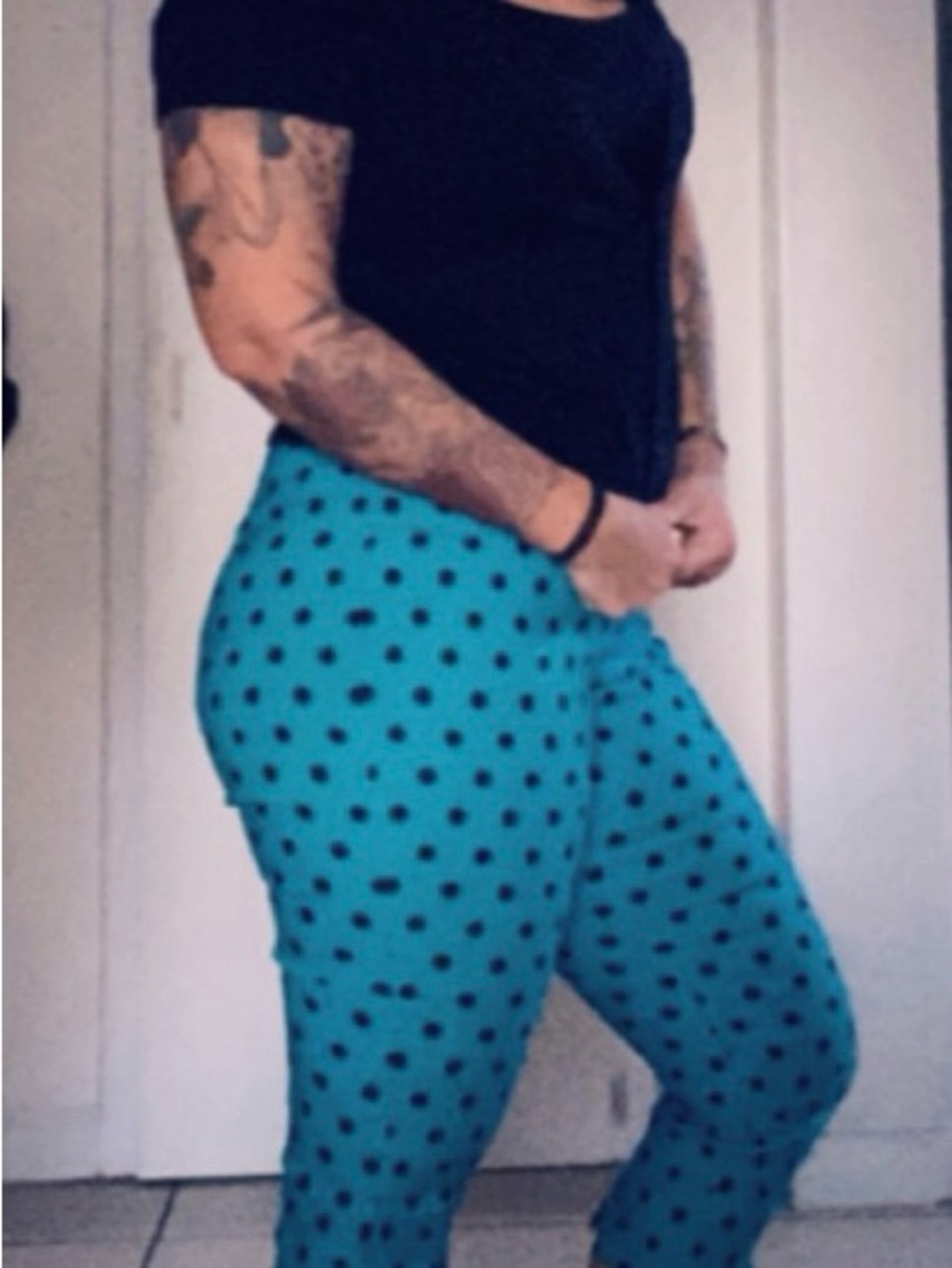 Traci Lords Teal Polka Dot capris